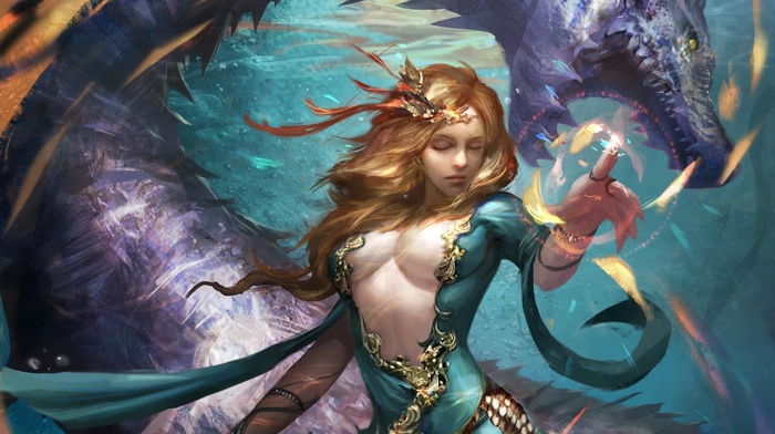 Legend of the Cryptids, magician, fantasy art, dragon, artwork, girl