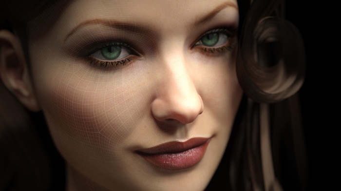 black background, CGI, green eyes, square, portrait, render, face, nets, looking at viewer, 3D, digital art, girl