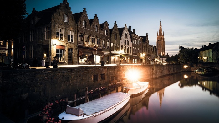 town, water, house, river, photography, city, Brugge, church, reflection, urban, building, dusk, boat, Bruges