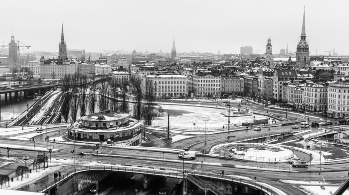 ice, water, building, stockholm, urban, winter, cityscape, monochrome, church, photography