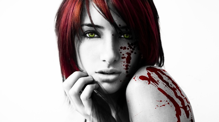 face, girl, selective coloring, blood, white background, redhead, Susan Coffey, looking at viewer, long hair