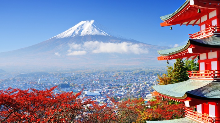 mountains, nature, trees, Mount Fuji, building, Japan, Asian architecture