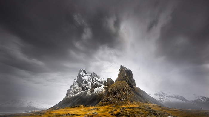 clouds, nature, winter, landscape, dark, snowy peak, mountains, cold, Iceland