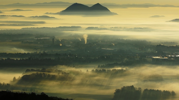 town, hills, Slovenia, landscape, valley, factory, trees, mist, sun rays, nature, smoke