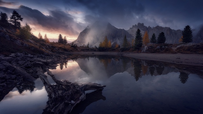 sunset, trees, fall, clouds, lake, reflection, nature, landscape, mountains, Italy