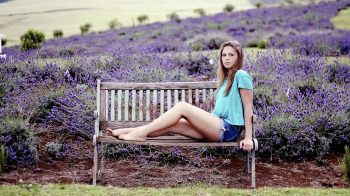 girl, jean shorts, sitting, bench, girl outdoors, model