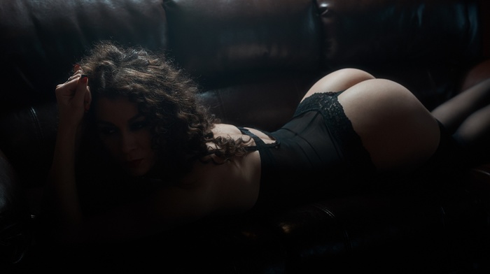 body lingerie, couch, arched back, curly hair, black lingerie, black stockings, lingerie, girl, stockings, ass, brunette