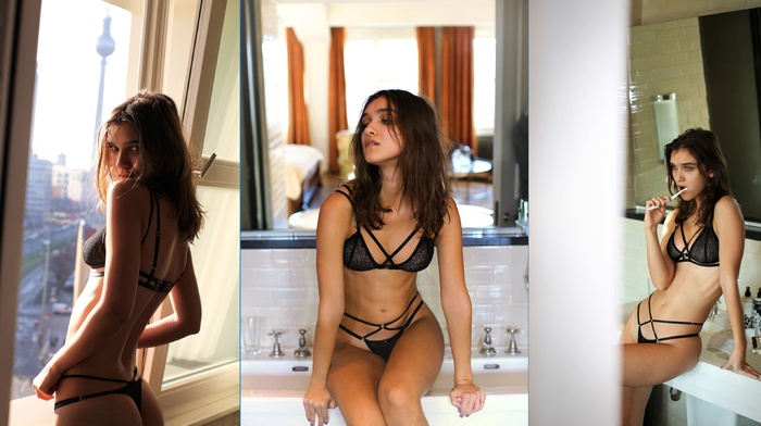 model, bath, girl, lingerie, window, collage