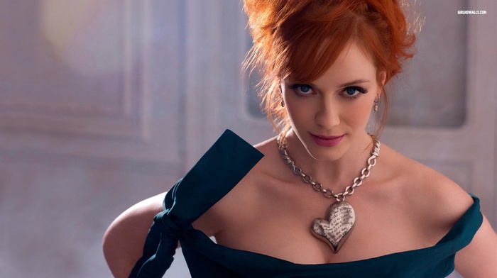 blue dress, bare shoulders, looking at viewer, face, redhead, dress, girl, necklace, blue eyes, actress, Christina Hendricks