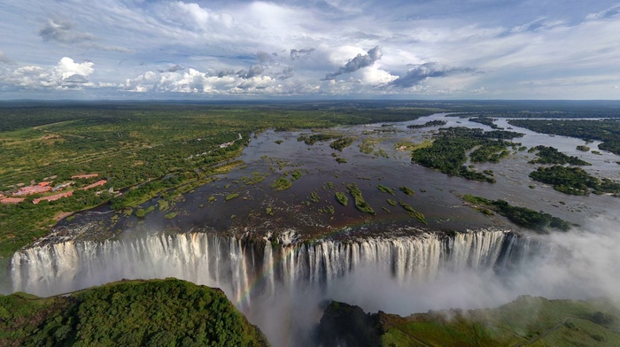 waterfall, trees, Zambezi River, landscape, lake, Victoria Falls