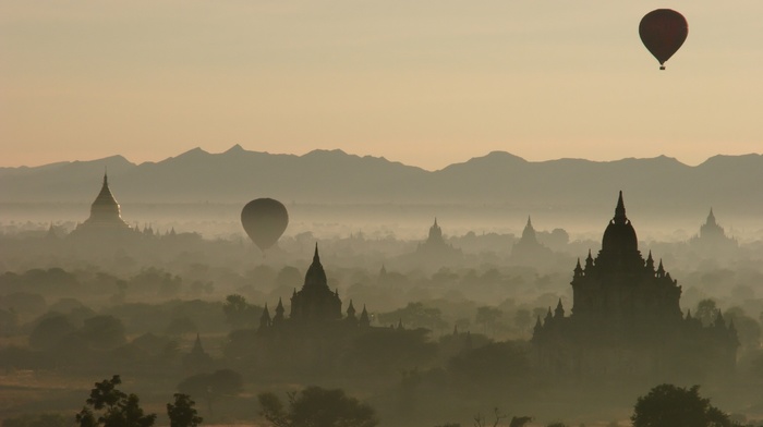 architecture, Myanmar, temple, landscape, photography, plants, Bagan, nature, hot air balloons, mist, trees