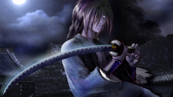 Himura Kenshin, Rurouni Kenshin, night, anime, sword, Samurai X, katana