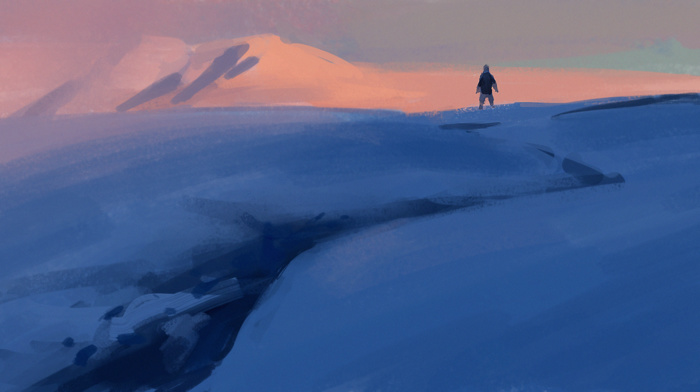 snow, plains, digital art, mountains