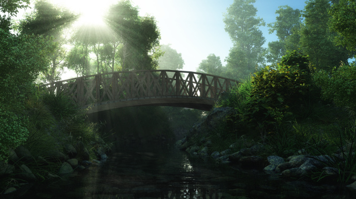 CGI, trees, digital art, lights, park, bridge