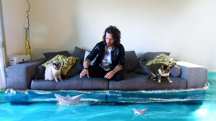 animals, paper boats, couch, cat, photo manipulation, men, water