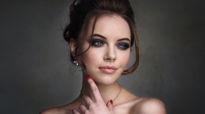 Libriana, Polina Bodrova, girl, looking away, painted nails, face, portrait, simple background