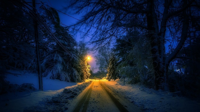 nature, Connecticut, landscape, winter, cold, street, lights, tracks, lantern, trees, snow, urban