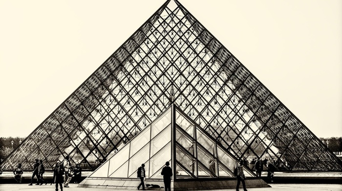 Louvre, architecture, photography, pyramid, museum, Paris, monochrome