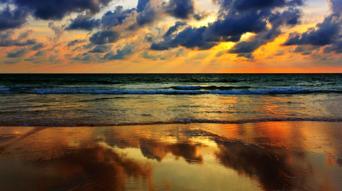 clouds, reflection, waves, beach, nature, sea