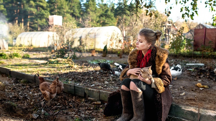 girl, model, cat, animals, girl outdoors, sitting