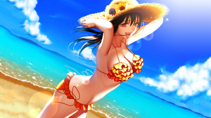 beach, original characters, boobs, anime girls, bikini, anime, straw hat