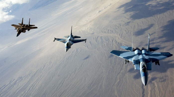 military aircraft, camouflage, McDonnell Douglas F, 15 eagle, General Dynamics F, 16 Fighting Falcon, aircraft