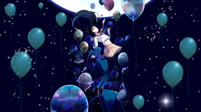 moon, school uniform, black, balloon, black hair, backpacks