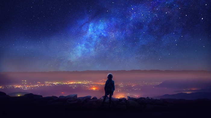 horizon, stars, backpacks, night