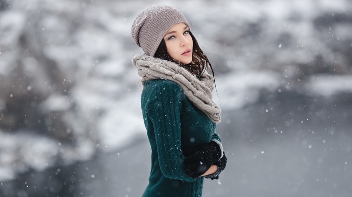 portrait, model, Angelina Petrova, girl outdoors, hat, looking at viewer, snow, gloves, sensual gaze, girl