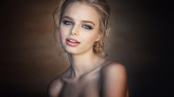portrait, lips, photography, bare shoulders, face, blonde, open mouth, girl, model, blue eyes