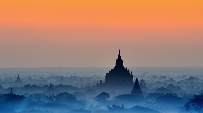 nature, landscape, blue, temple, trees, Myanmar, buddhism, Bagan, amber, sky, mist