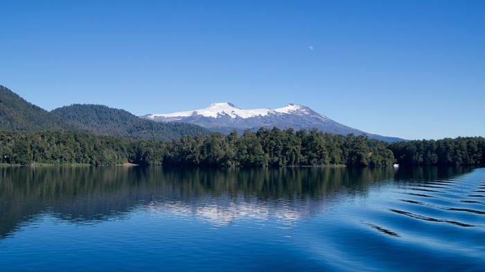 mountains, snowy peak, forest, lake, Chile, landscape, reflection, blue, nature