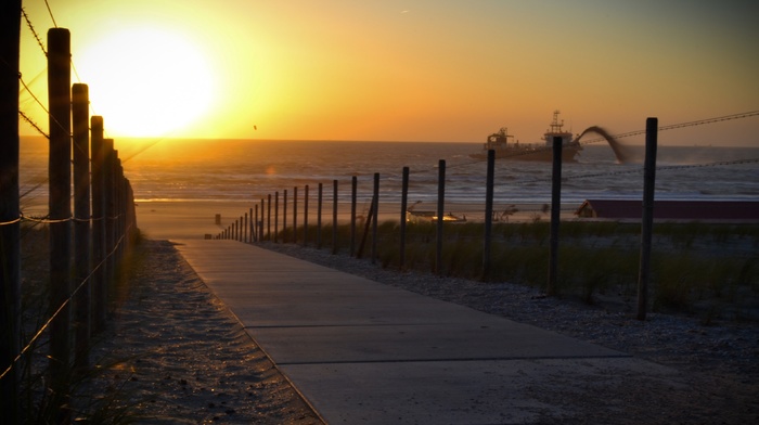 sand, fence, water, sea, ship, sunset, photography, landscape, path