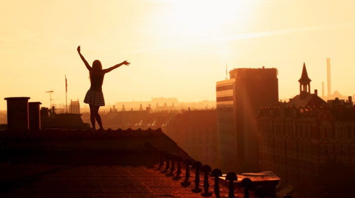 urban, city, building, silhouette, cityscape, sunlight, photography, rooftops, arms up, girl