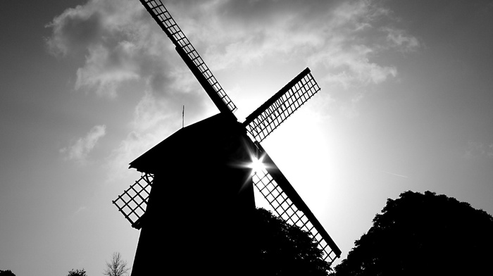 windmill, architecture, monochrome, photography, Sun