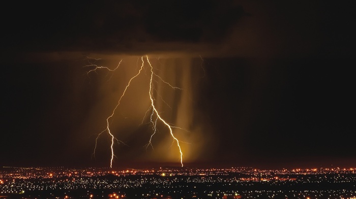 storm, photography, lightning, lights, clouds, cityscape, night