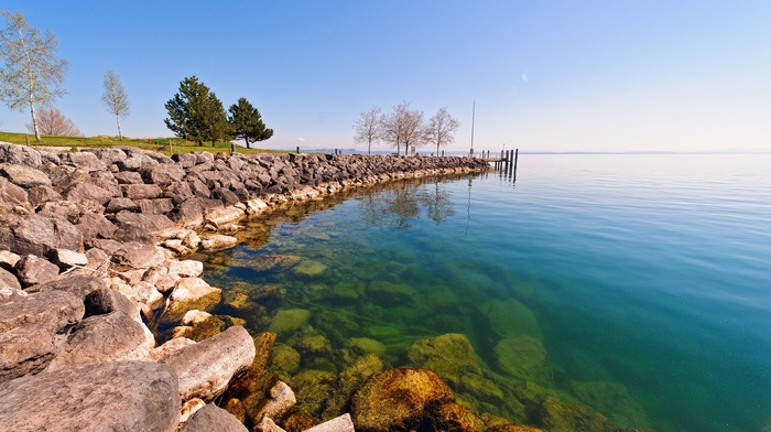 lake, rock, water, landscape, photography, Switzerland, trees