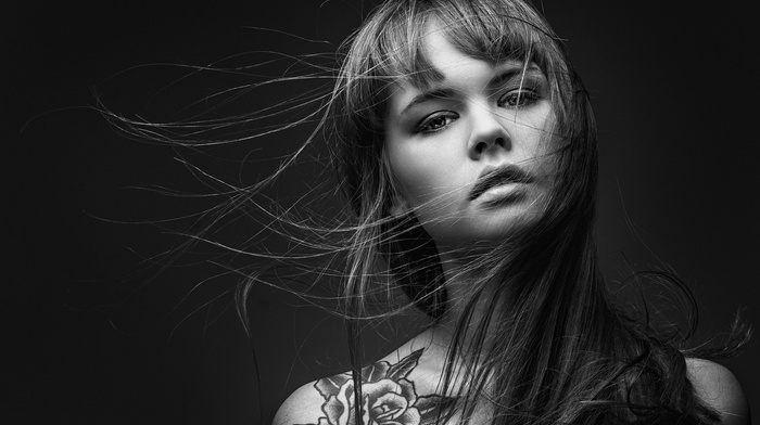 Anastasia Scheglova, model, tattoo, straight hair, simple background, long hair, girl, hair in face, looking at viewer, juicy lips, Georgy Chernyadyev, bare shoulders, face, monochrome