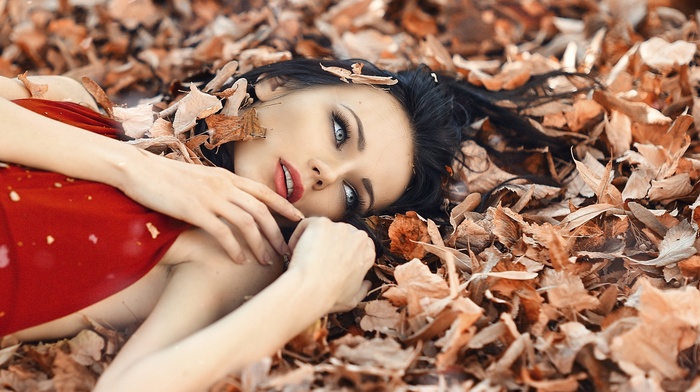 open mouth, dark hair, fall, long hair, Alessandro Di Cicco, lying down, red dress, leaves, face, makeup, girl, girl outdoors, eyes