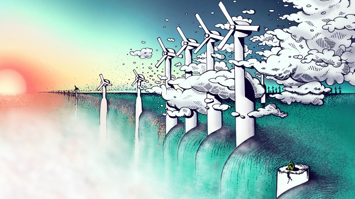 clouds, wind turbine, water, artwork, Sun