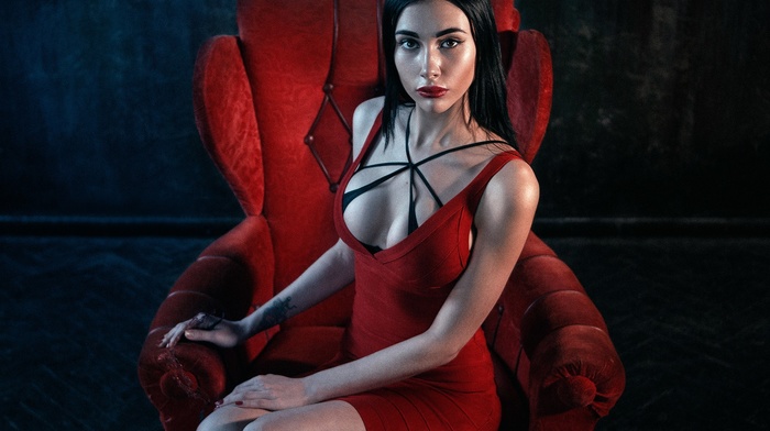 chair, model, sitting, girl, dress, red dress