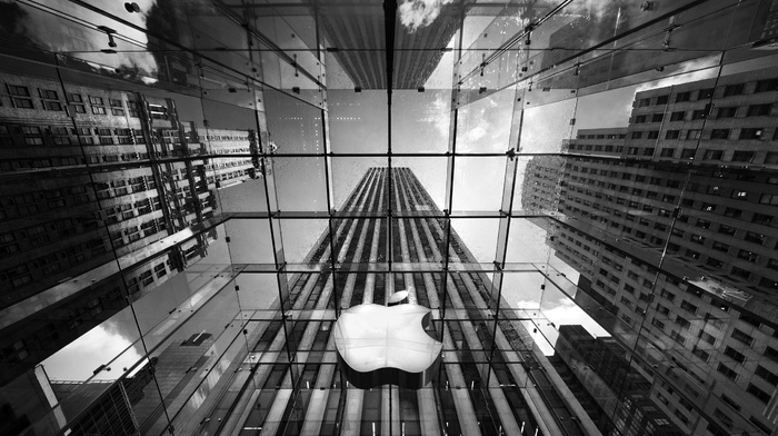 building, Apple Inc., New York City, monochrome