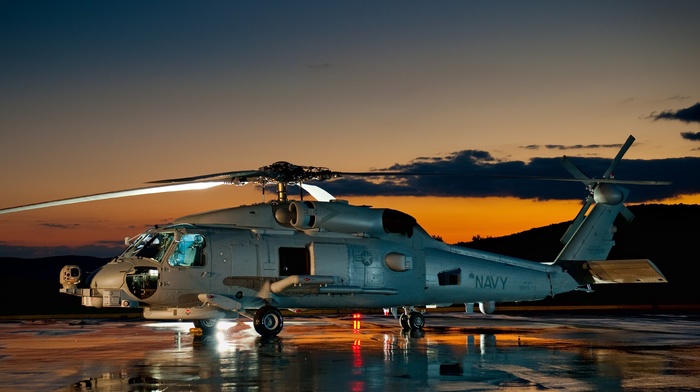helicopters, dusk, United States Navy, Sikorsky UH, 60 Black Hawk, photography