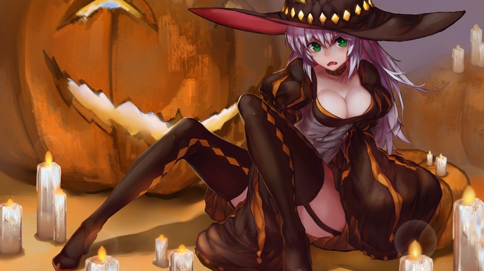 original characters, witch, long hair, pumpkin, Halloween, hat, anime girls, cleavage, anime