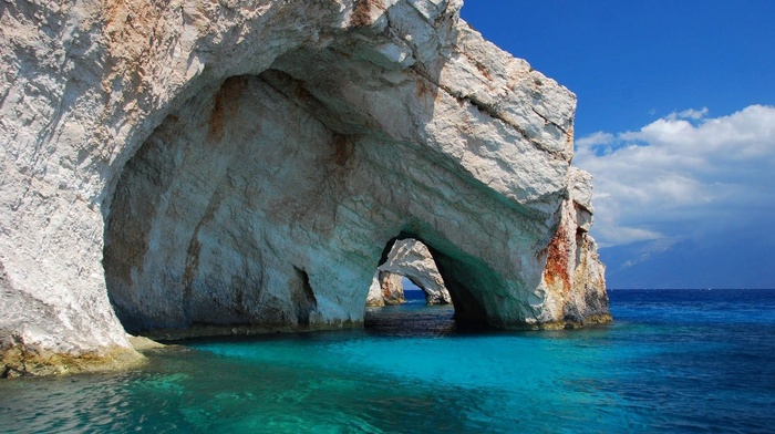 cave, water, island, landscape, rock, turquoise, sea, Greece, nature