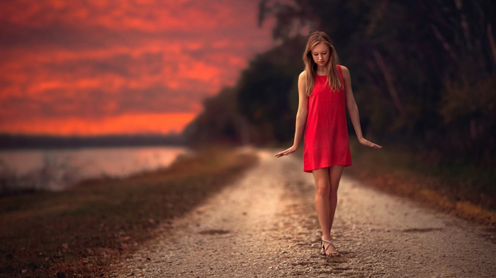 girl, model, girl outdoors, red dress