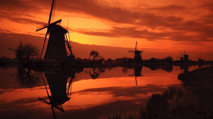 reflection, sunset, windmill, landscape, sunlight, silhouette