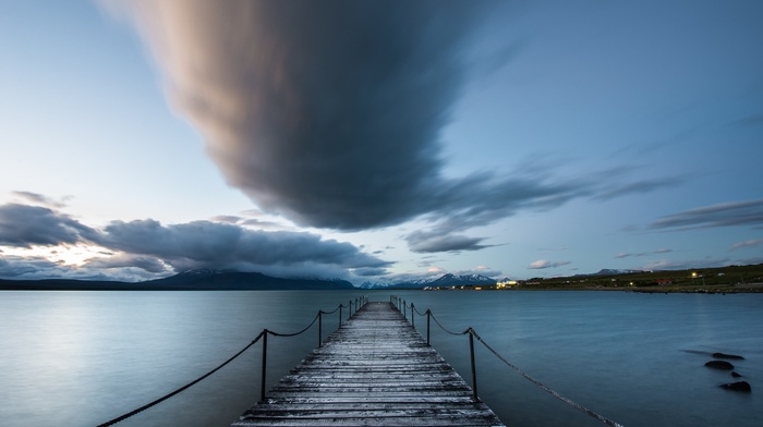 pier, Chile, water, clouds, Puerto Natales