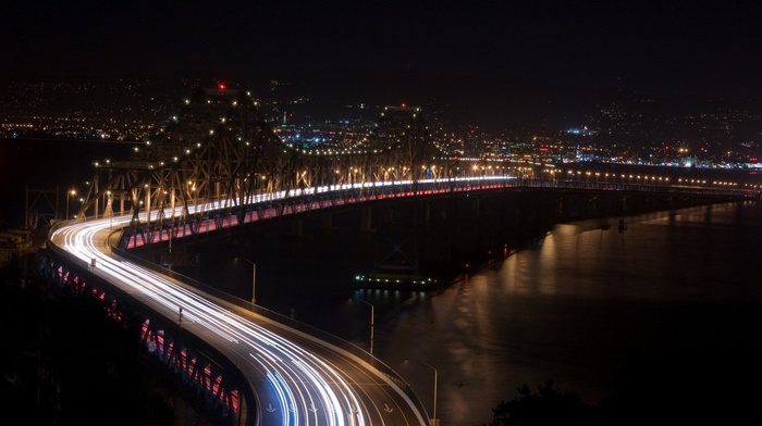 cityscape, long exposure, photography, night, bridge, sea, lights, highway, city, water, urban
