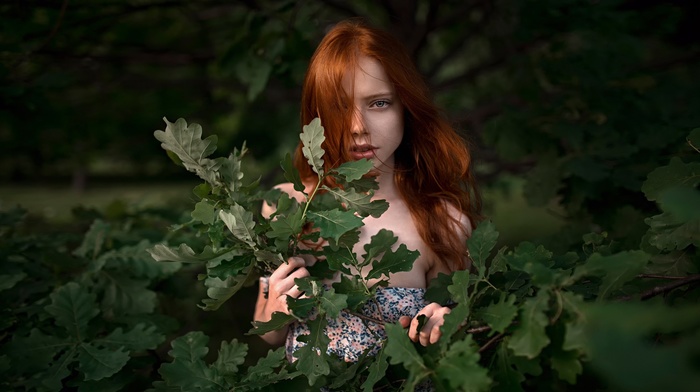 model, girl, girl outdoors, redhead, plants